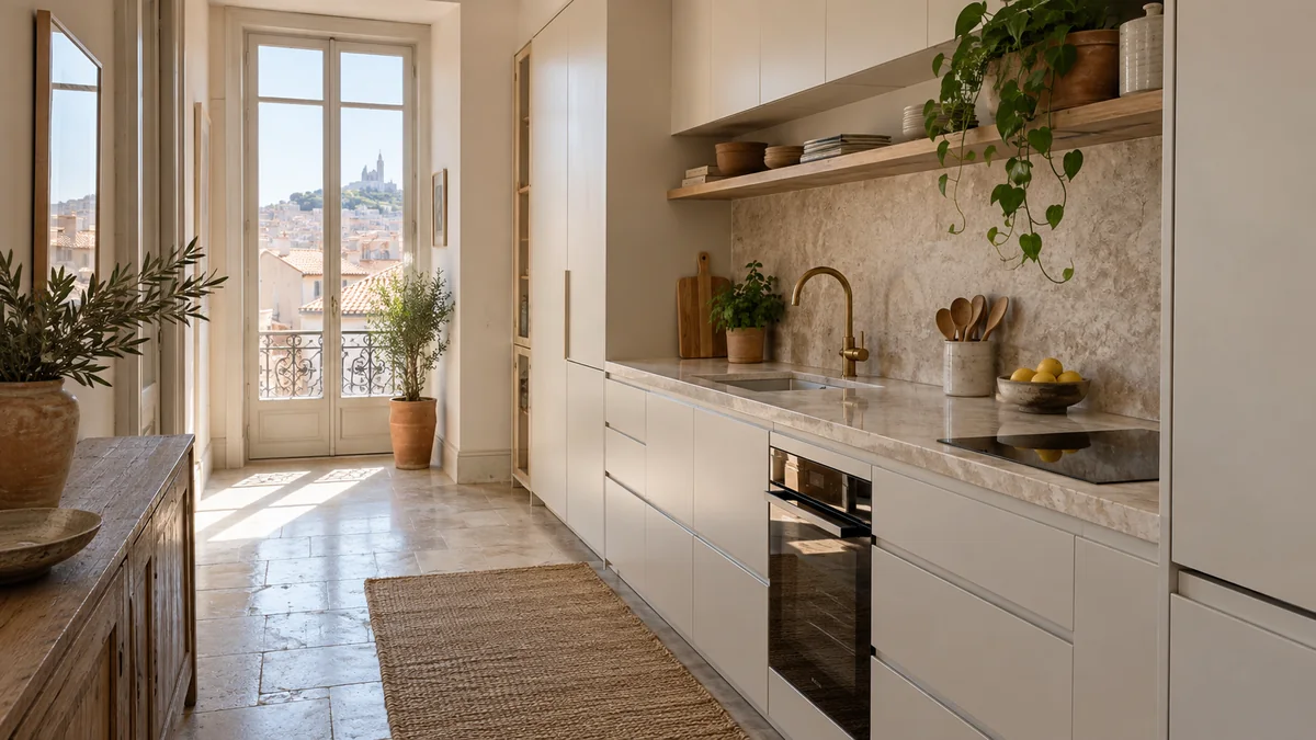 Cuisine compacte alignée sur un mur dans un petit appartement lumineux