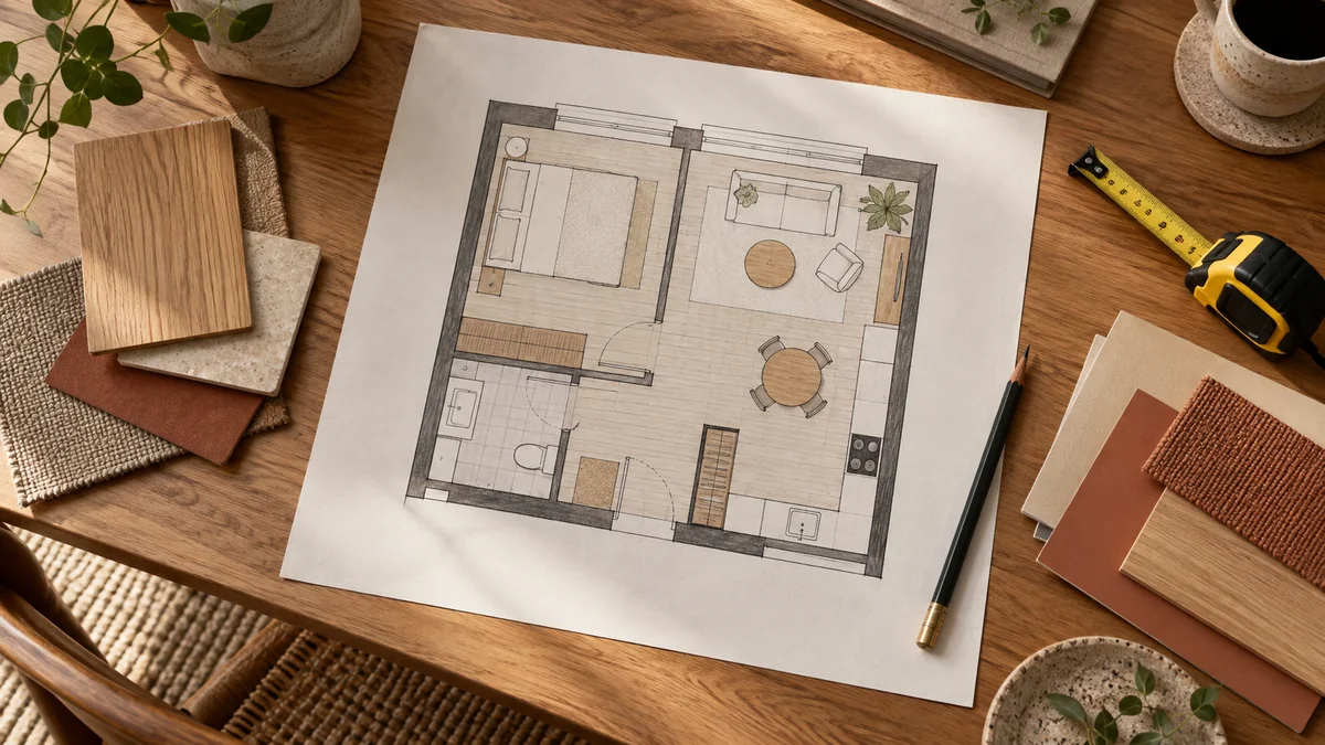 Plan d'aménagement dessiné à la main avec zones de circulation indiquées