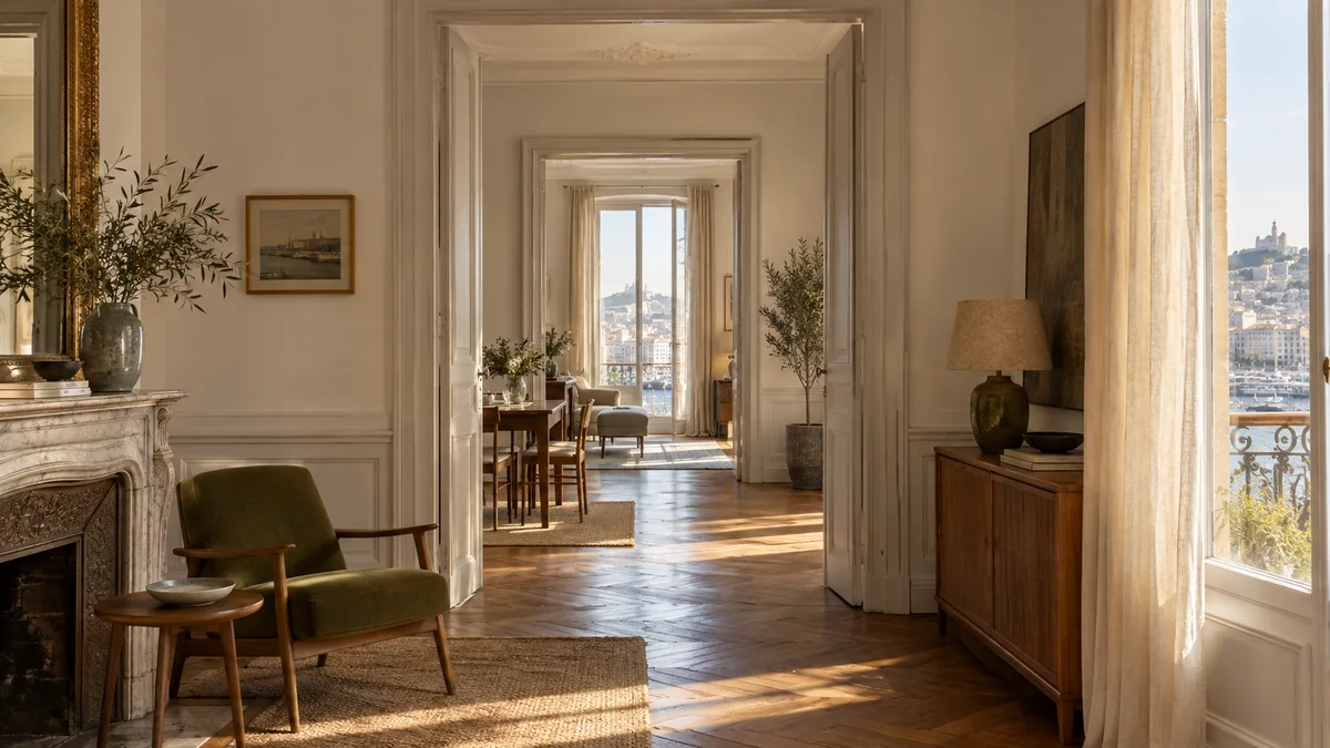 Appartement marseillais en enfilade avec trois fenêtres et axe de vue dégagé