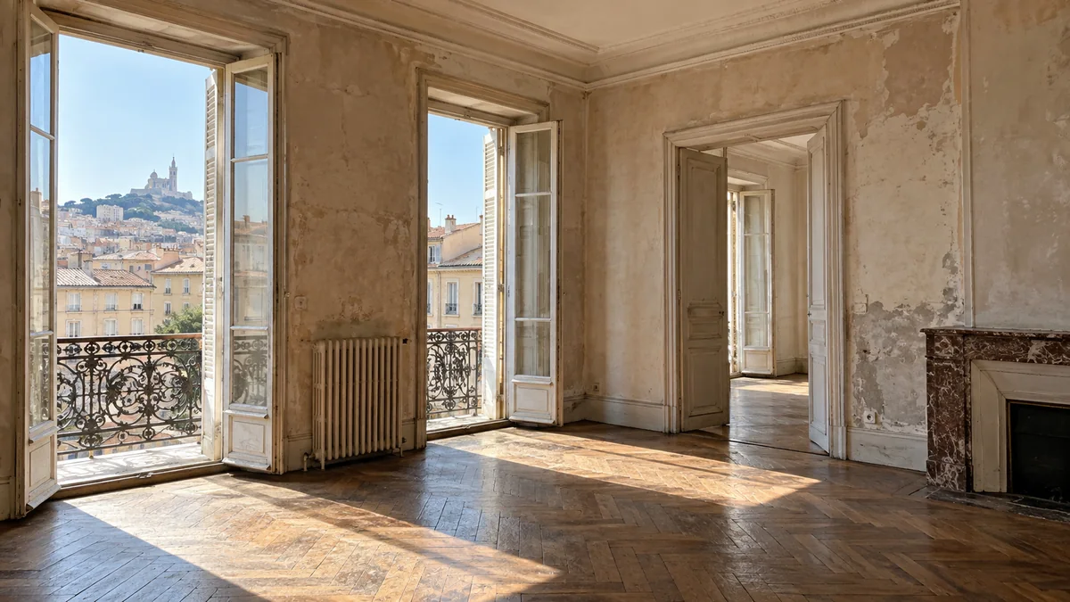 Appartement ancien vide avant rénovation avec murs et parquet à examiner