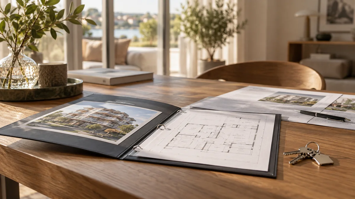 Dossier de vente, plans et documents de copropriété posés sur une table