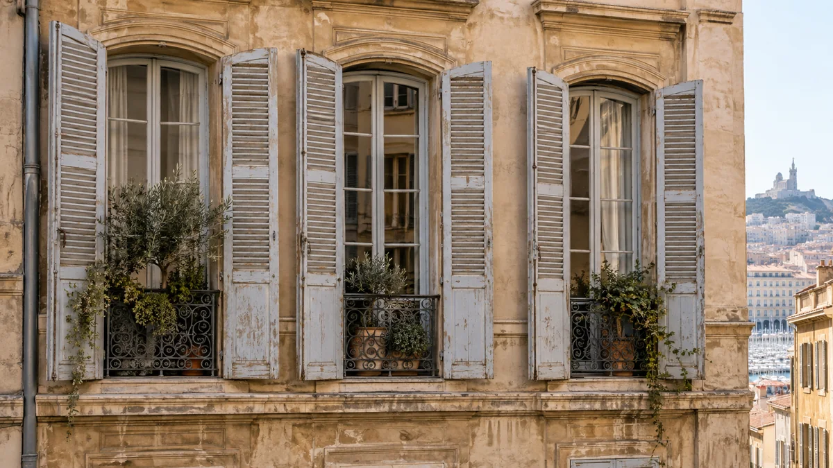 Façade ancienne d'un immeuble marseillais avec fenêtres et volets d'époque