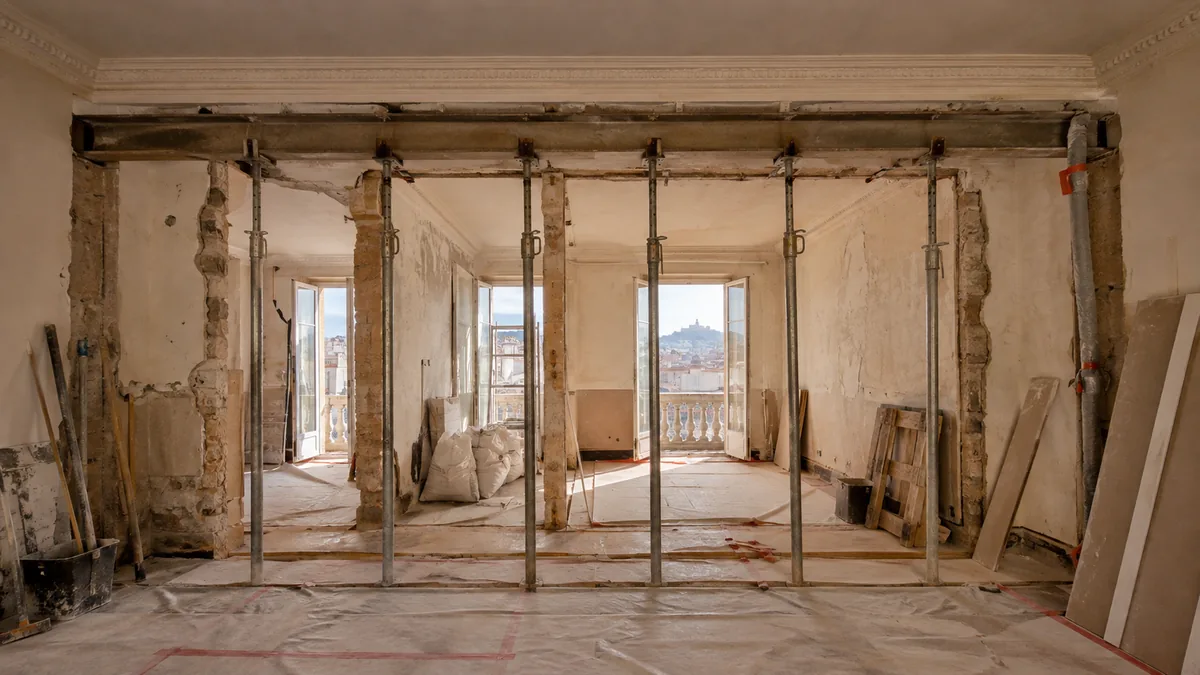 Ouverture préparée dans un mur intérieur avec étaiement avant la pose d'un renfort