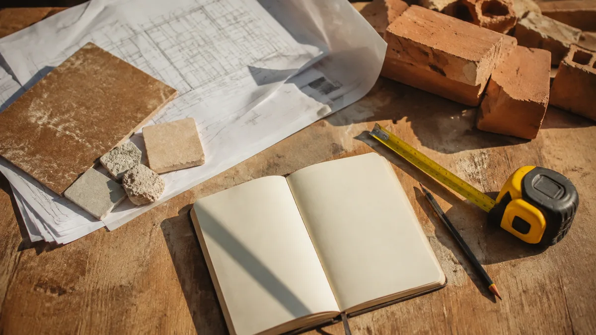 Plans de structure et mètre posés sur une table de chantier