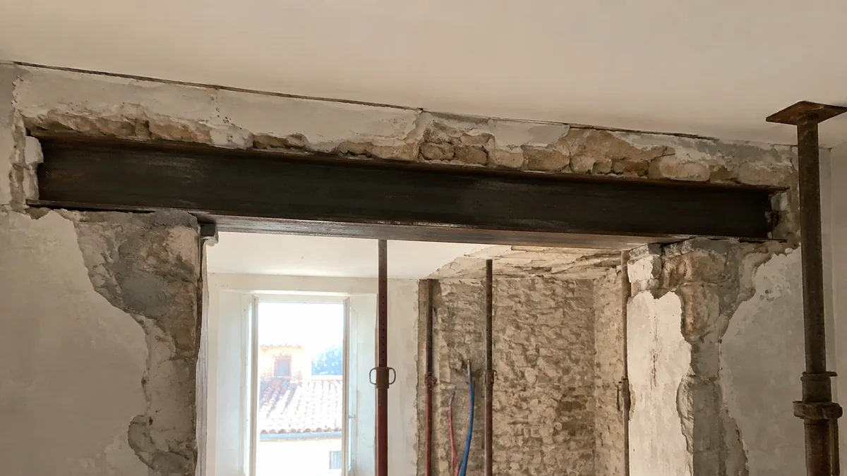 Poutre métallique posée au-dessus d'une ouverture intérieure pendant un chantier