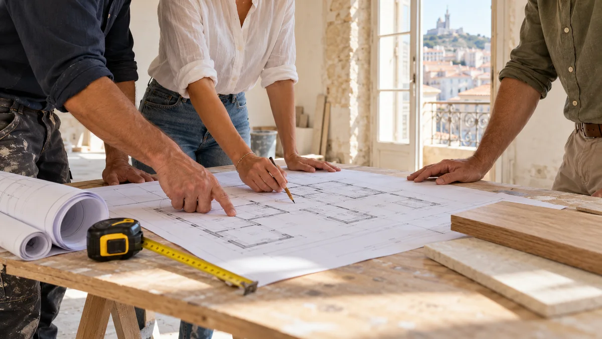 Réunion autour de plans dans un appartement en rénovation
