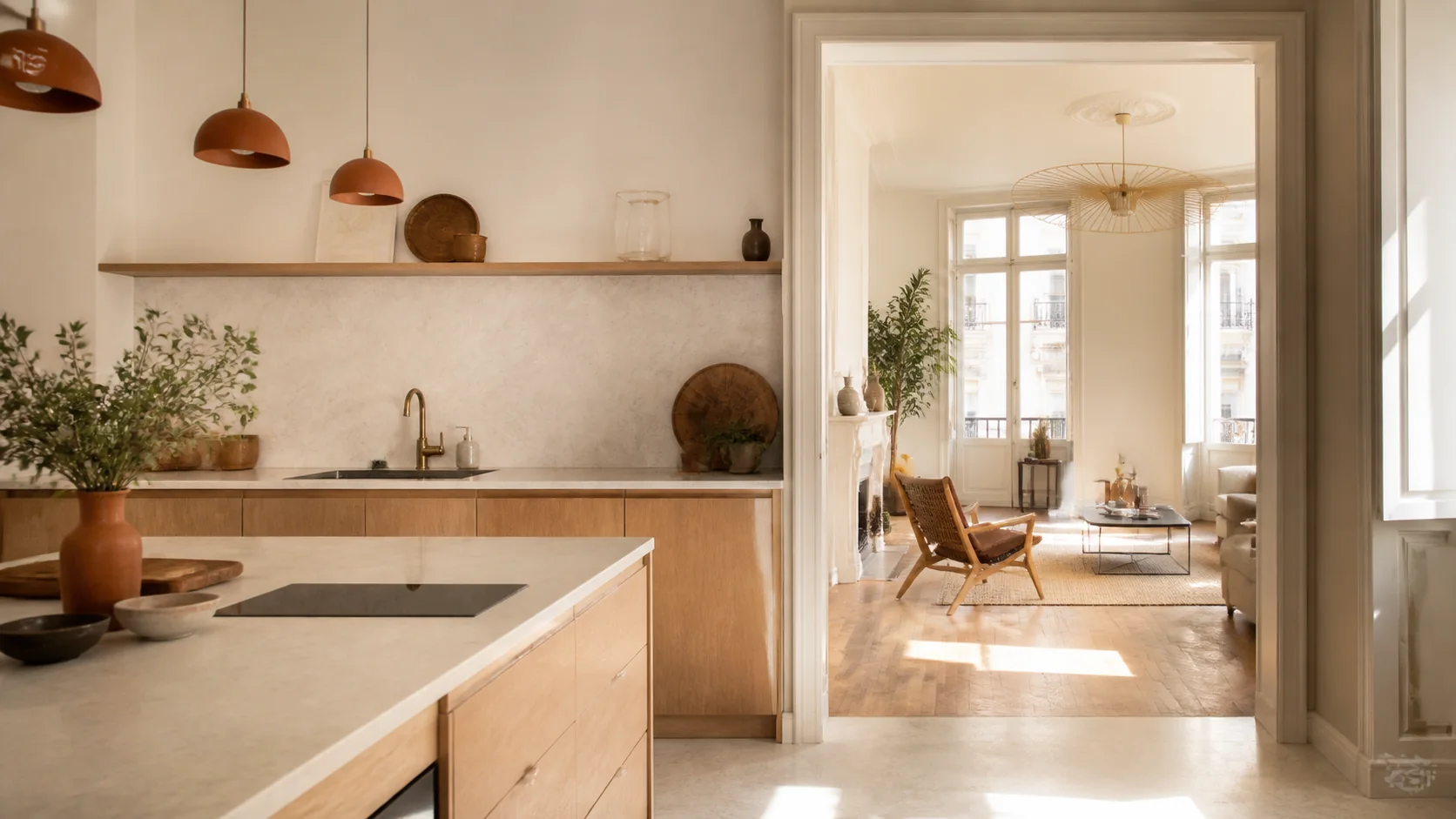 Cuisine ouverte rénovée dans un appartement ancien lumineux