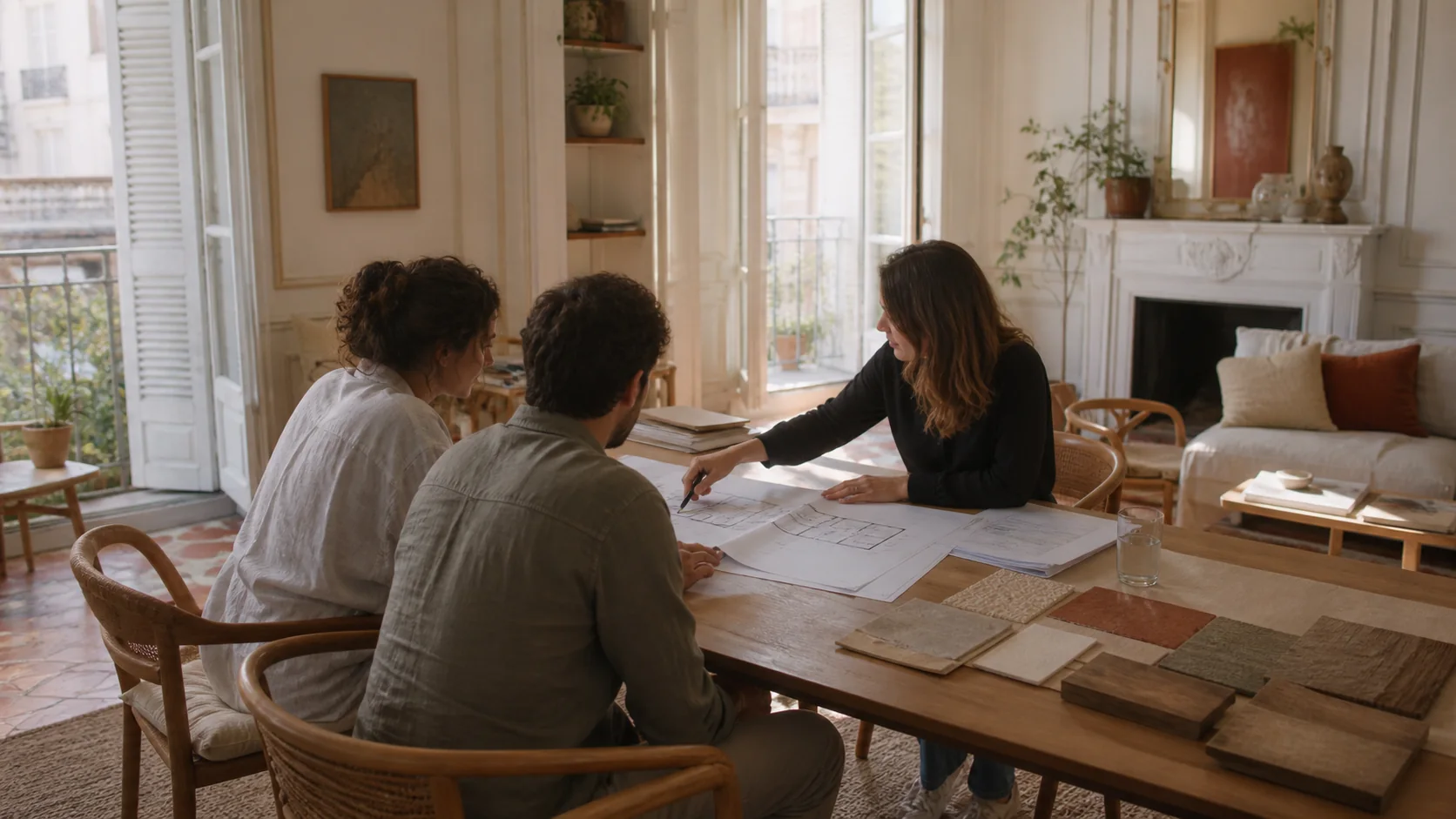 Architecte d'intérieur échangeant avec un couple autour de plans