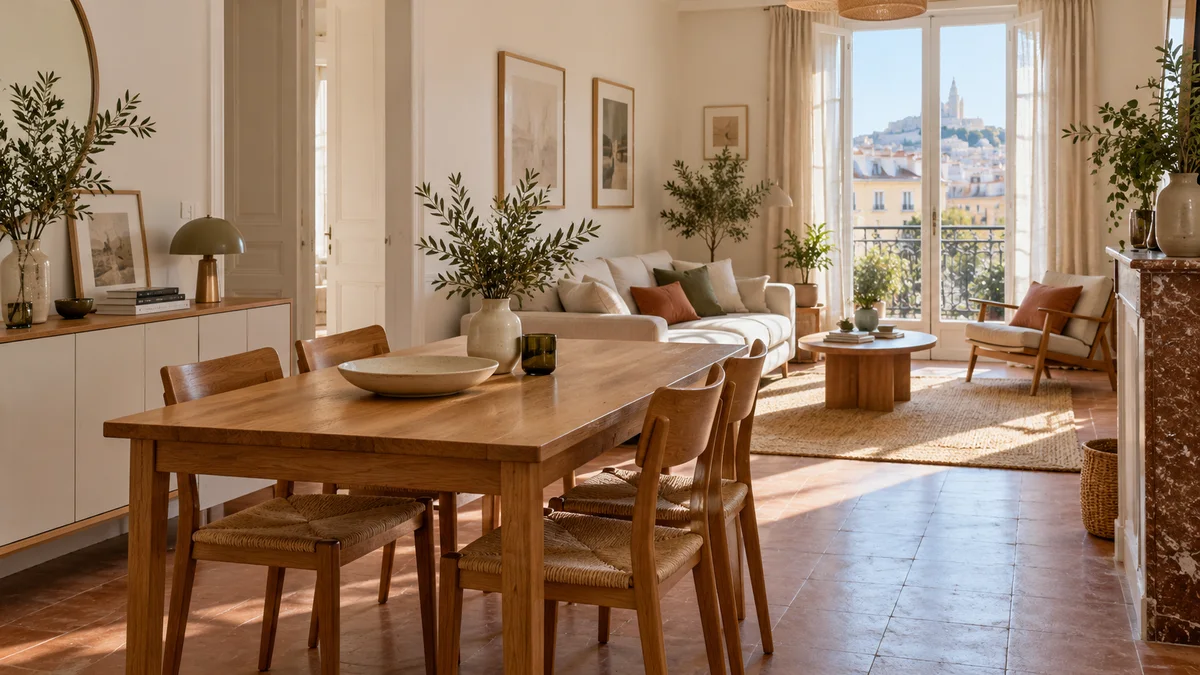 Table, chaises et rangement disposés autour d’un passage dégagé dans un séjour