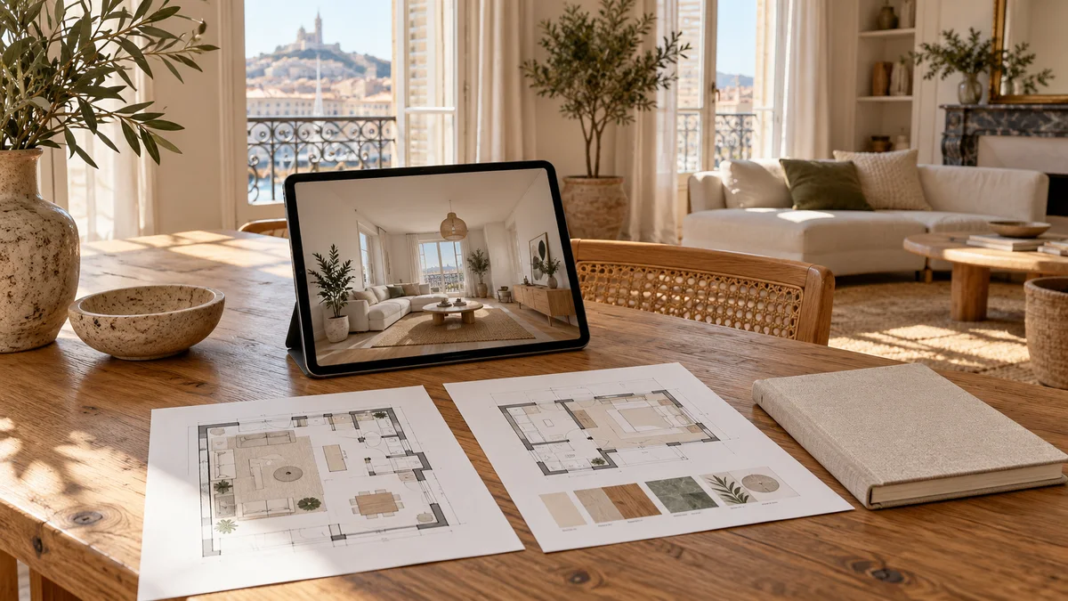 Plans et tablette posés sur une table pour une présentation d’aménagement