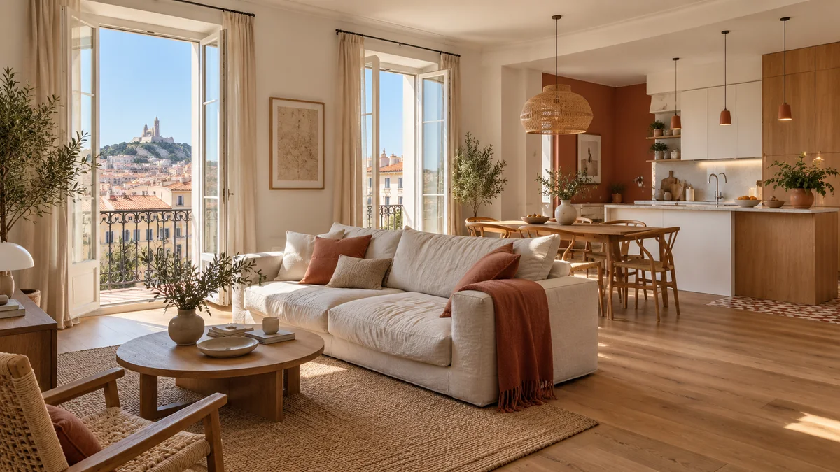 Perspective d’un séjour avec cuisine ouverte et mobilier à l’échelle de la pièce