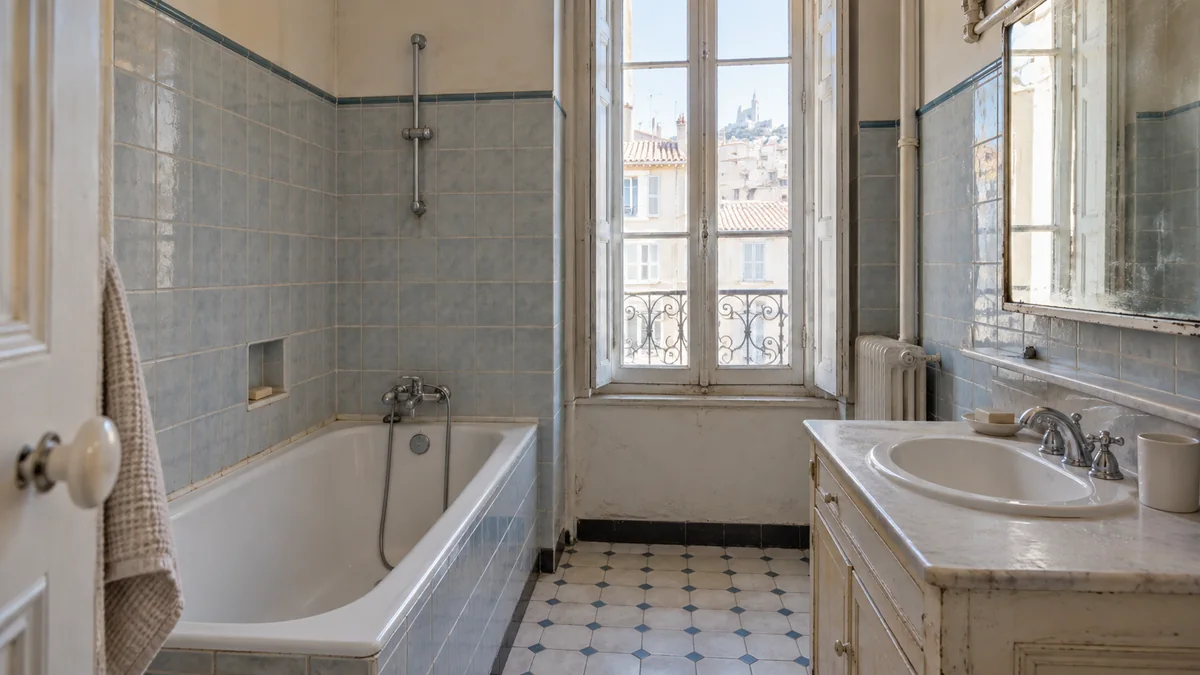 Petite salle de bain ancienne avant travaux avec appareils et faïence datés
