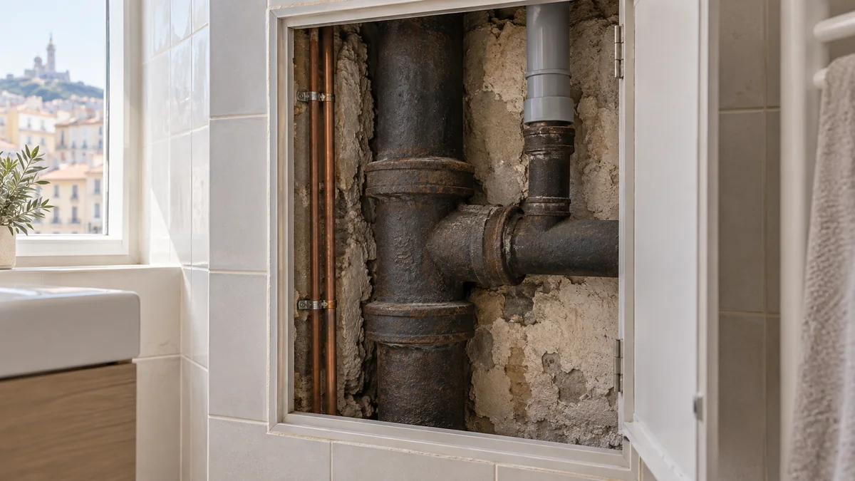 Colonne d'évacuation ancienne visible derrière une trappe technique de salle de bain
