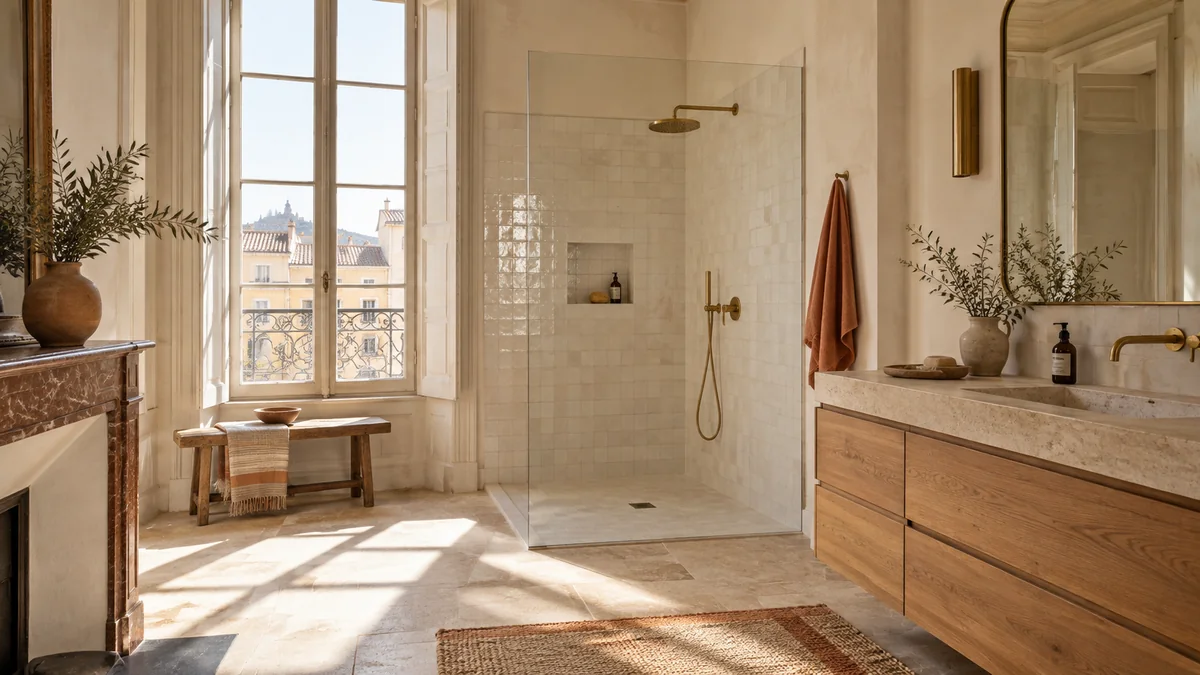Salle de bain rénovée dans un appartement ancien avec matériaux sobres et lumière naturelle