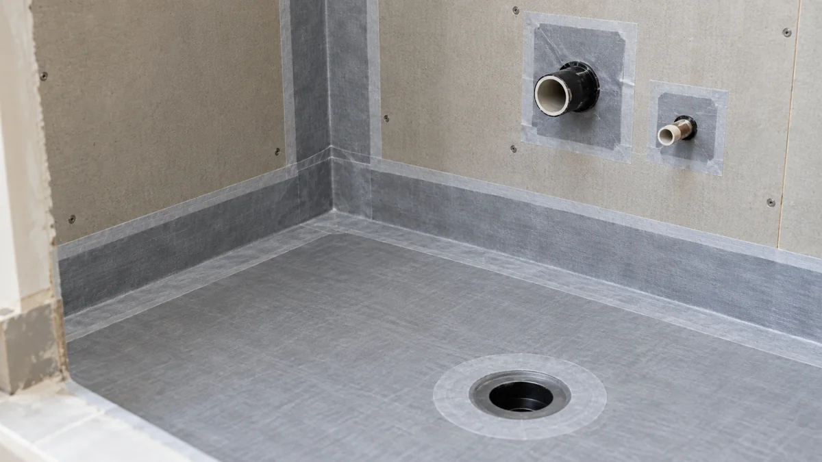 Détail de bandes d'étanchéité posées dans l'angle d'une douche avant carrelage
