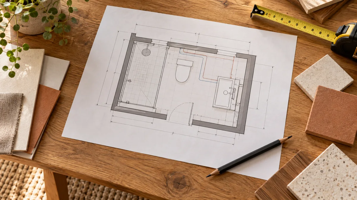 Plan coté d'une salle de bain avec emplacement des réseaux et appareils