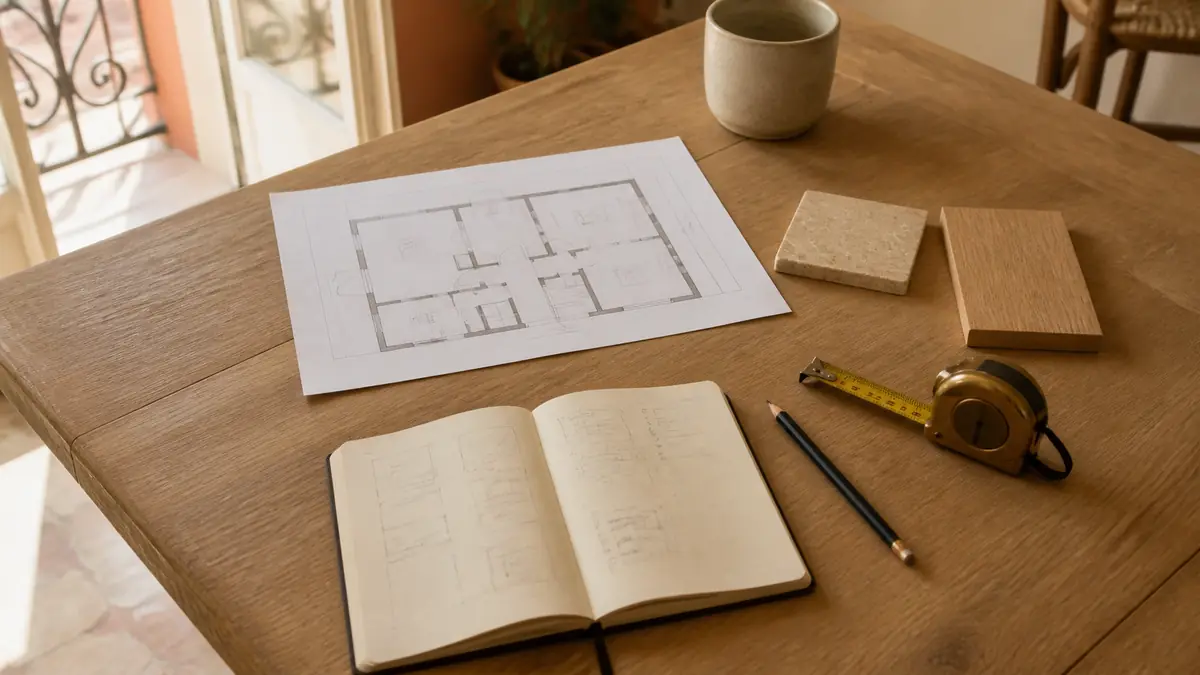 Plan d’appartement, carnet de chiffrage, mètre ruban et échantillons posés sur une table