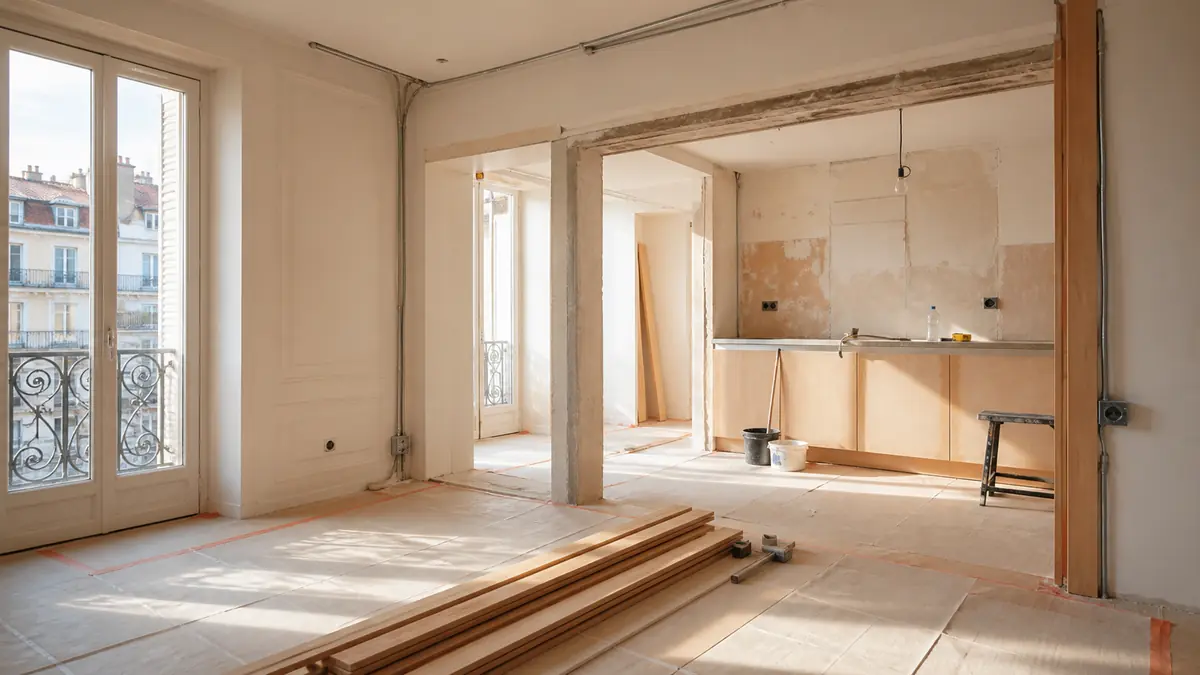 Appartement marseillais en cours de rénovation avec cuisine déposée et réseaux apparents