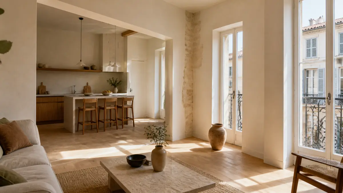 Appartement ancien rénové à Marseille avec cuisine ouverte, parquet et lumière naturelle