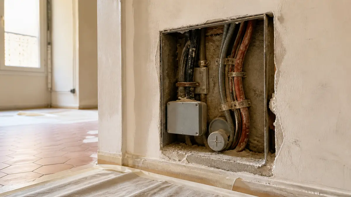 Réseaux électriques et canalisations anciens visibles dans un mur ouvert pendant des travaux
