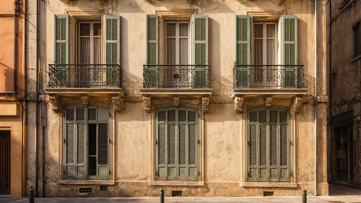 Façade ancienne à trois fenêtres avec persiennes et balcons dans le centre de Marseille