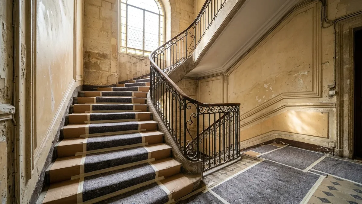 Escalier d'immeuble ancien protégé pendant un chantier